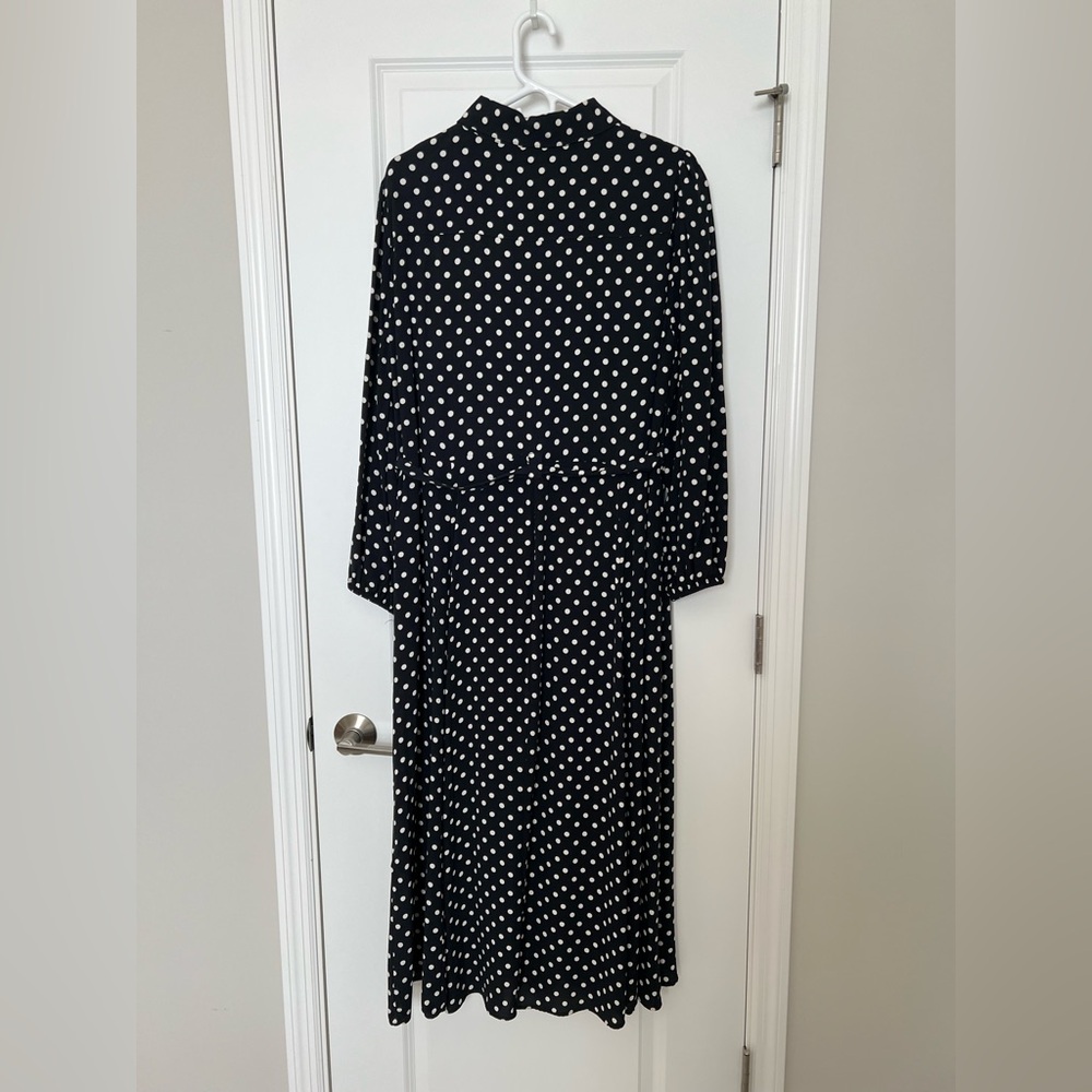 Zara black and white polka dot midi shirt dress with belt - Picture 2 of 8